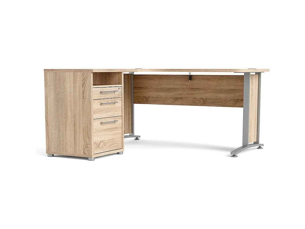 Prisme Bureau d'angle avec 1 tablette de rangement et 3 tiroirs finition chêne.