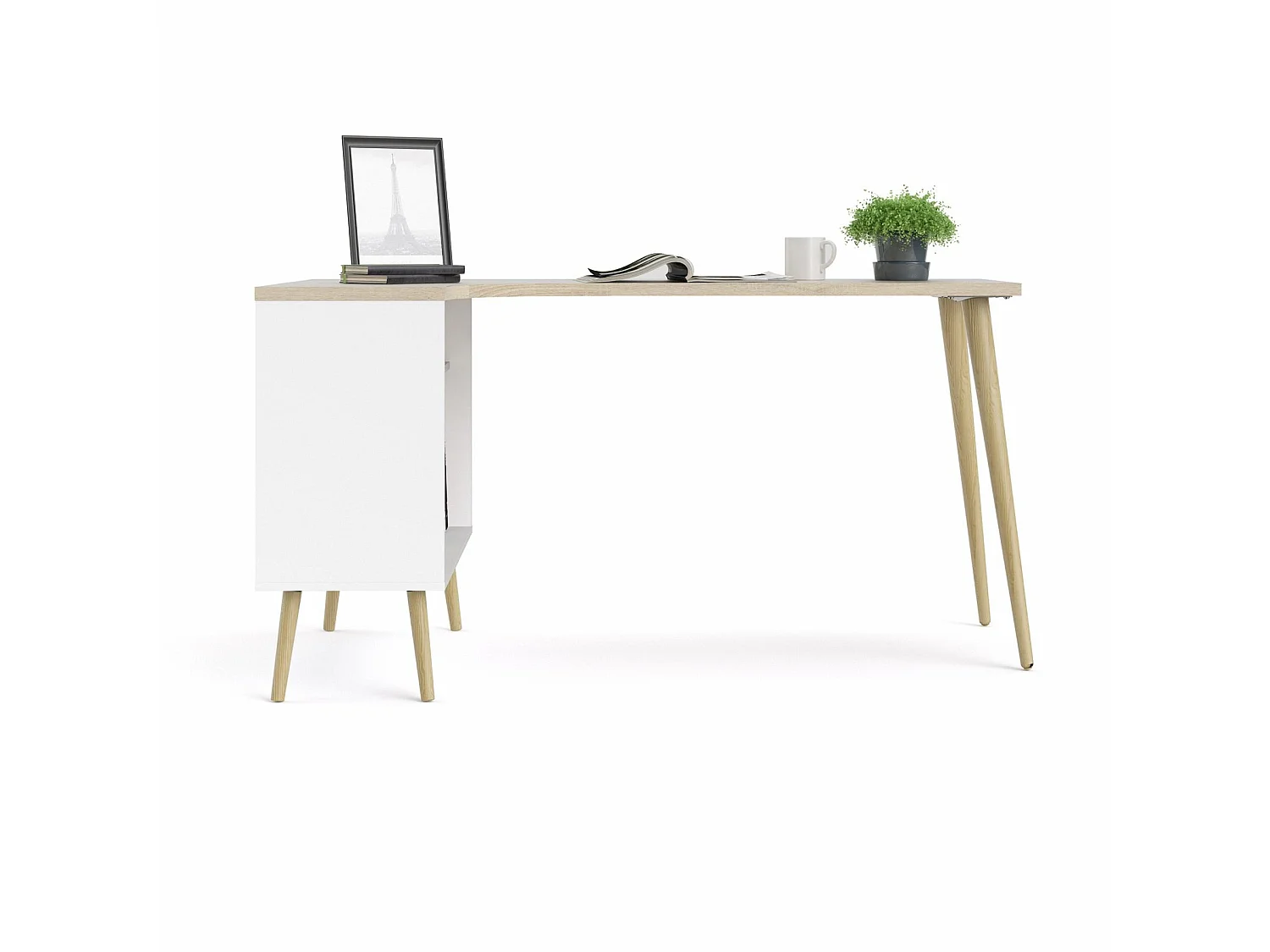 Napoli Bureau d'angle avec 2 tiroirs et 3 espaces de rangement ouverts, en blanc et imitation chêne.