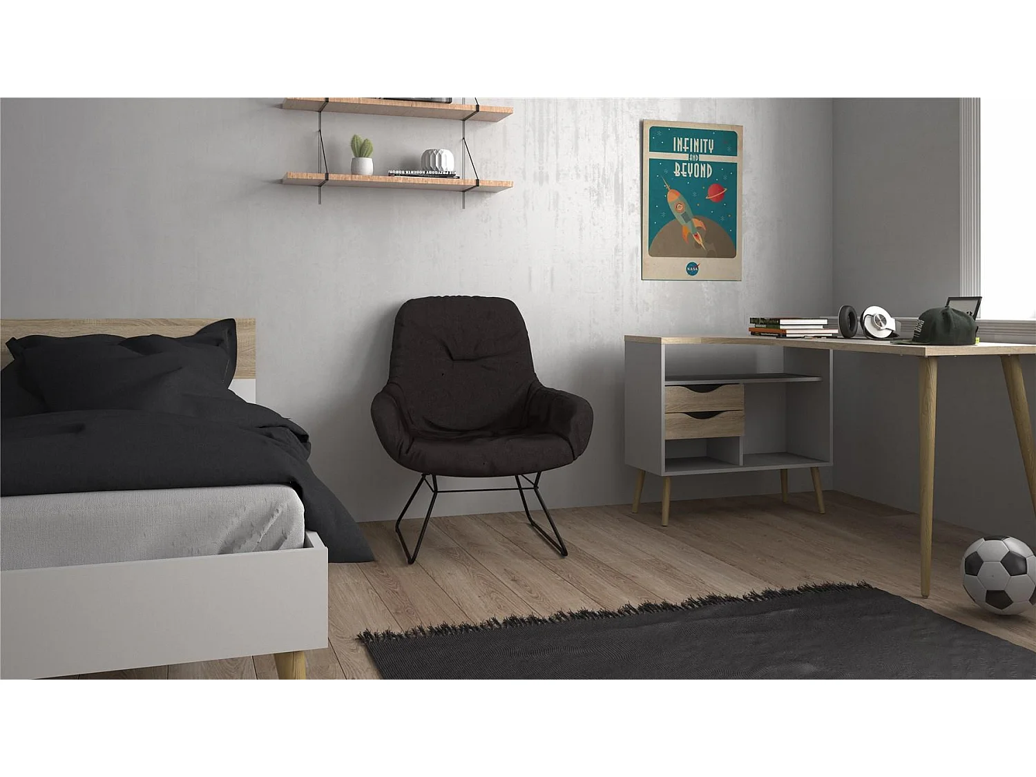 Napoli Bureau d'angle avec 2 tiroirs et 3 espaces de rangement ouverts, en blanc et imitation chêne.