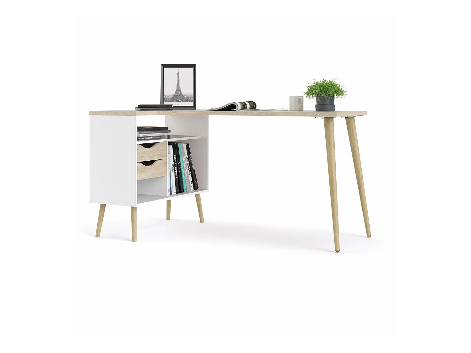 Napoli Bureau d'angle avec 2 tiroirs et 3 espaces de rangement ouverts, en blanc et imitation chêne.