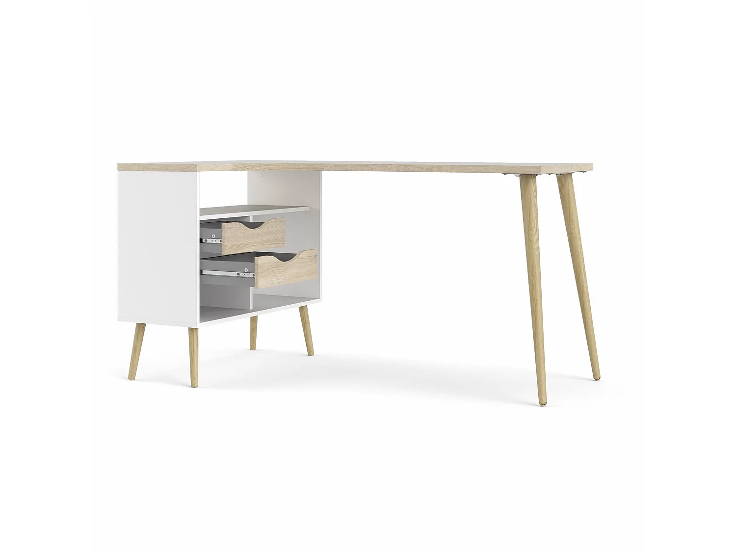 Napoli Bureau d'angle avec 2 tiroirs et 3 espaces de rangement ouverts, en blanc et imitation chêne.