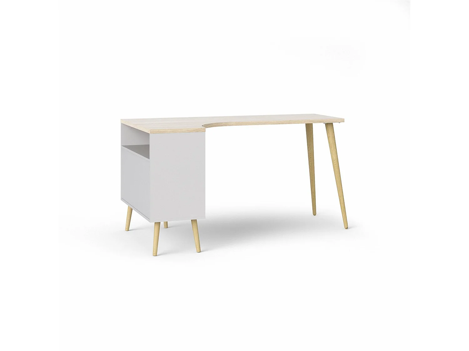 Napoli Bureau d'angle avec 2 tiroirs et 3 espaces de rangement ouverts, en blanc et imitation chêne.