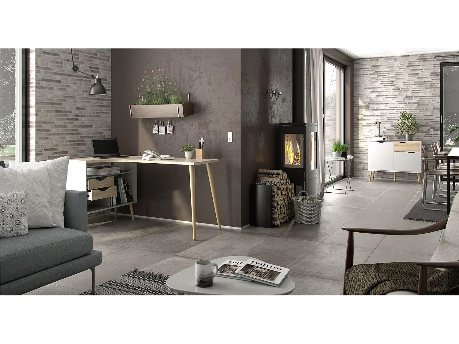 Napoli Bureau d'angle avec 2 tiroirs et 3 espaces de rangement ouverts, en blanc et imitation chêne.