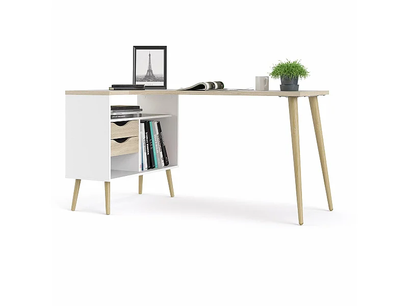 Napoli Bureau d'angle avec 2 tiroirs et 3 espaces de rangement ouverts, en blanc et imitation chêne.