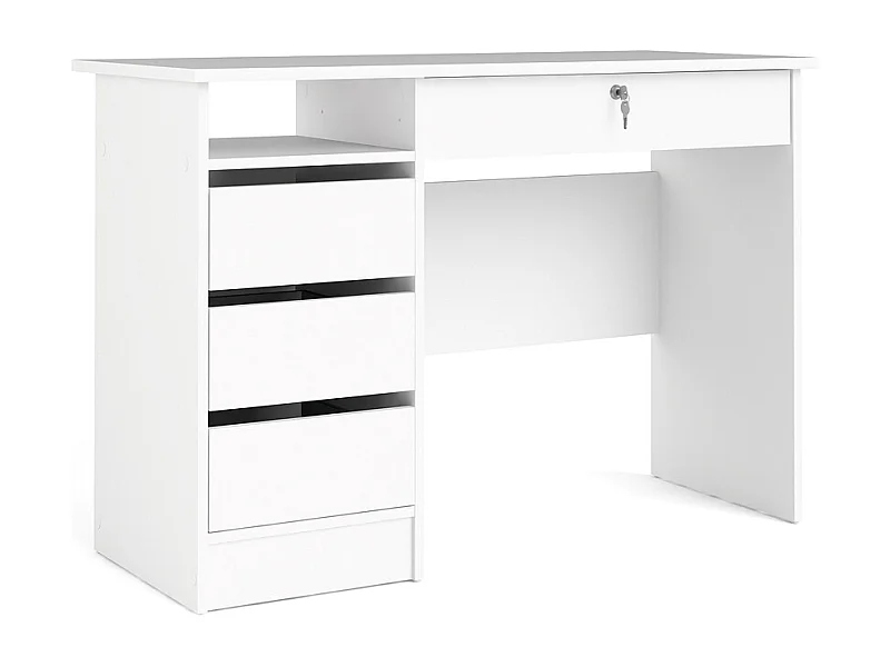 Plus Bureau avec 1 étagère, 3 petits tiroirs et 1 grand tiroir avec clé, blanc.