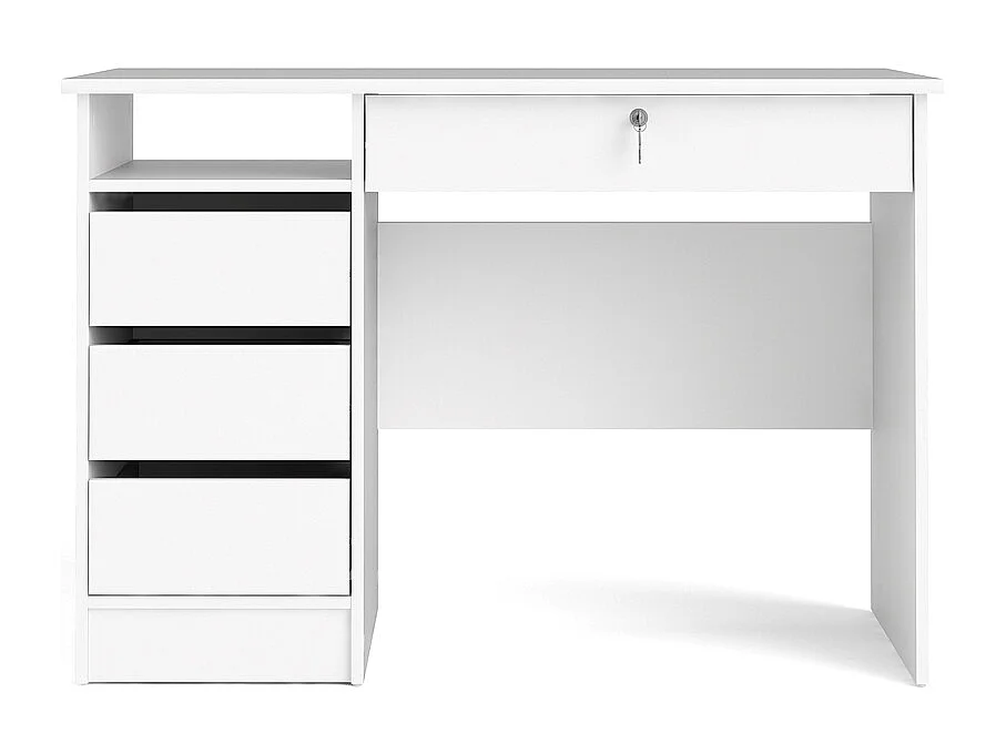 Plus Bureau avec 1 étagère, 3 petits tiroirs et 1 grand tiroir avec clé, blanc.