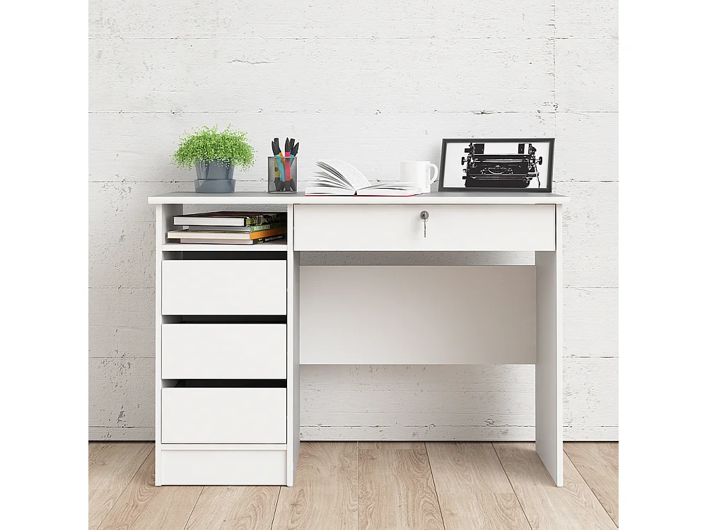 Plus Bureau avec 1 étagère, 3 petits tiroirs et 1 grand tiroir avec clé, blanc.