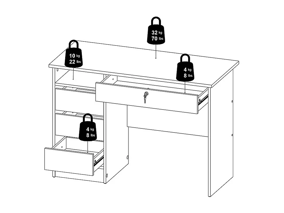 Plus Bureau avec 1 étagère, 3 petits tiroirs et 1 grand tiroir avec clé, blanc.