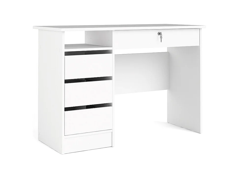 Plus bureau met 1 legplank, 3 kleine laden en 1 grote lade met sleutel, wit.