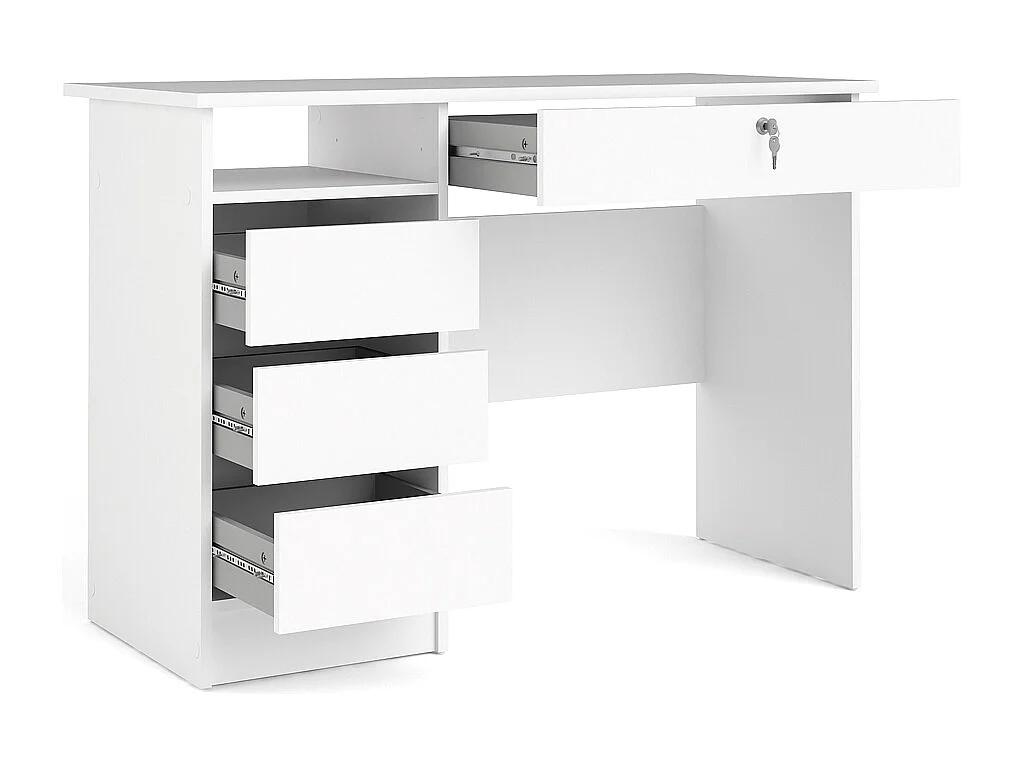 Plus bureau met 1 legplank, 3 kleine laden en 1 grote lade met sleutel, wit.