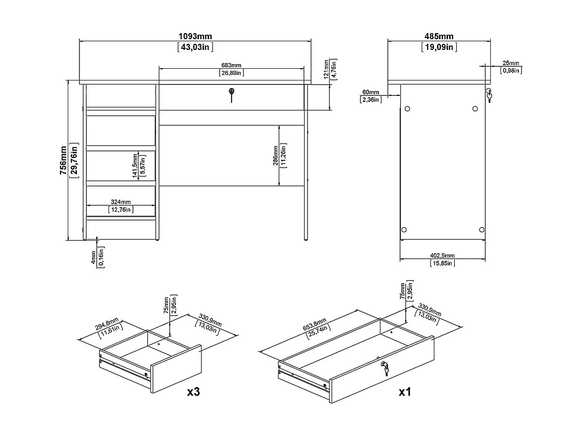 Plus bureau met 1 legplank, 3 kleine laden en 1 grote lade met sleutel, wit.