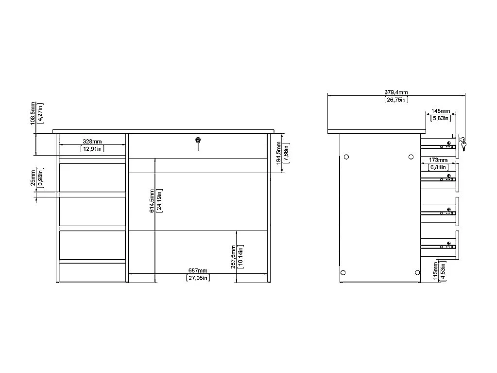 Plus bureau met 1 legplank, 3 kleine laden en 1 grote lade met sleutel, wit.