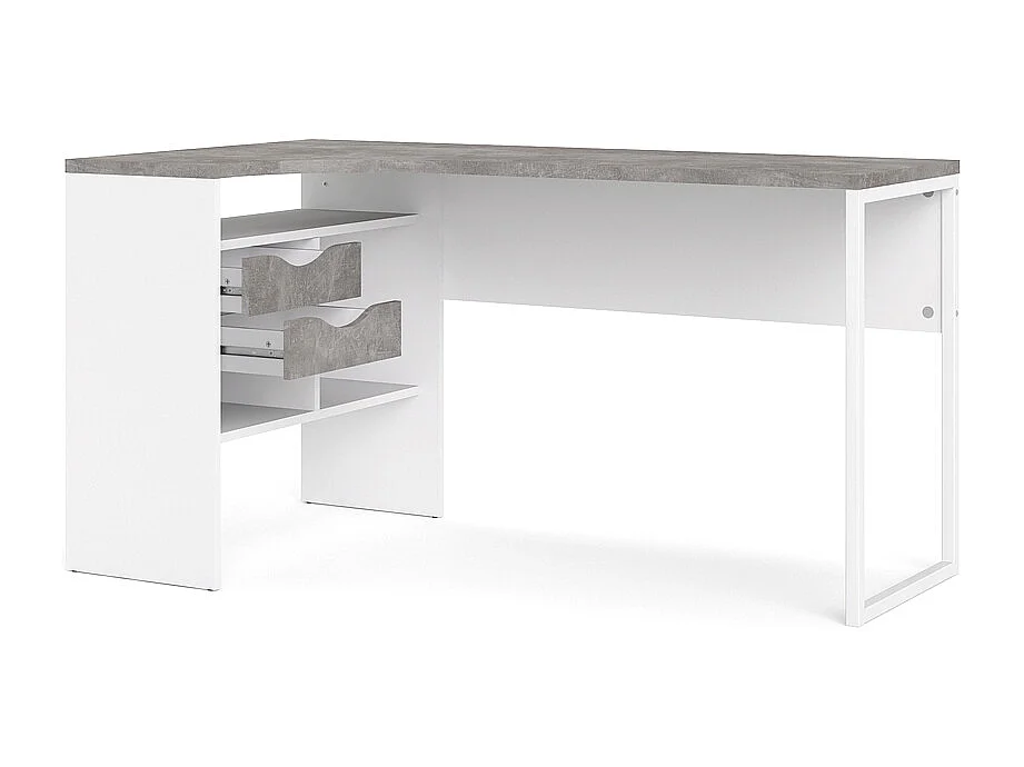 Plus Schreibtisch Eckschreibtisch mit 3 Regalen und 2 Schubladen, weiß / Beton Dekor.