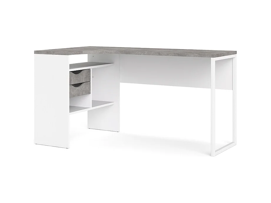 Plus Bureau bureau d'angle avec 3 tablettes de rangement et 2 tiroirs, finition blanc/béton.