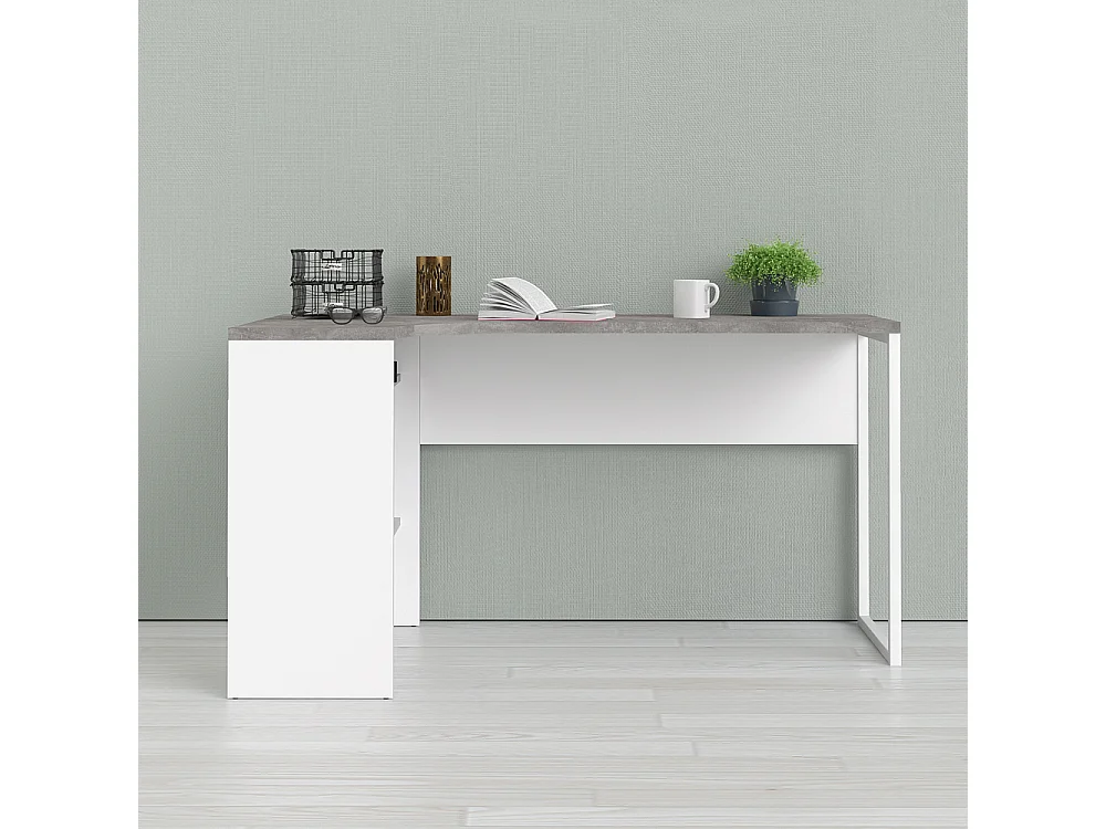 Plus Bureau bureau d'angle avec 3 tablettes de rangement et 2 tiroirs, finition blanc/béton.
