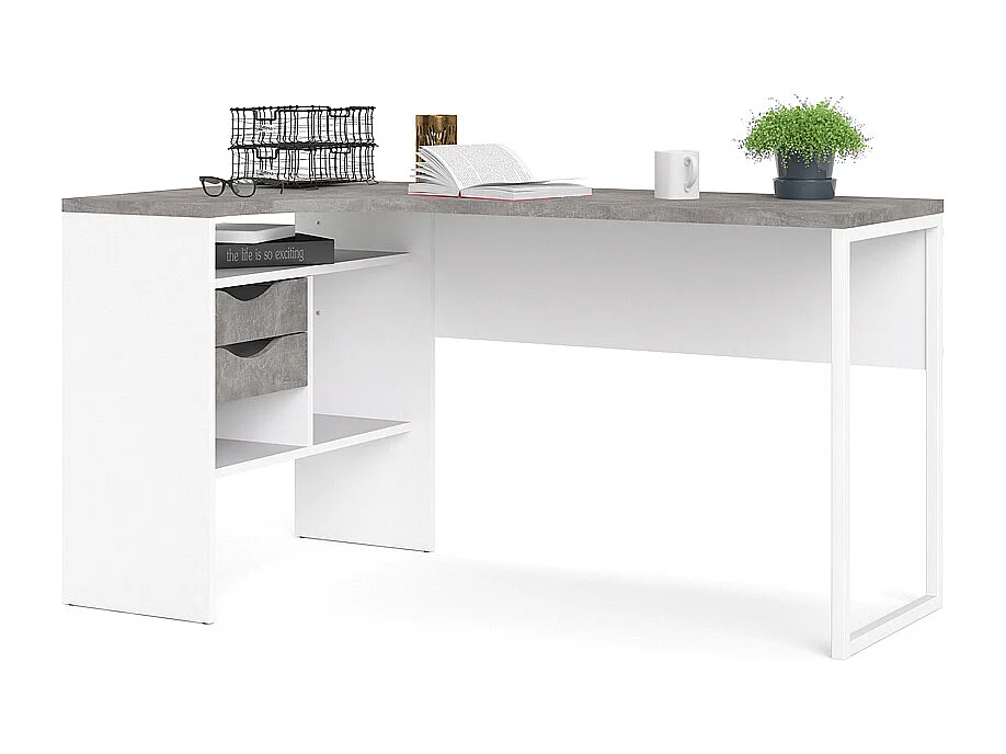 Plus Bureau bureau d'angle avec 3 tablettes de rangement et 2 tiroirs, finition blanc/béton.