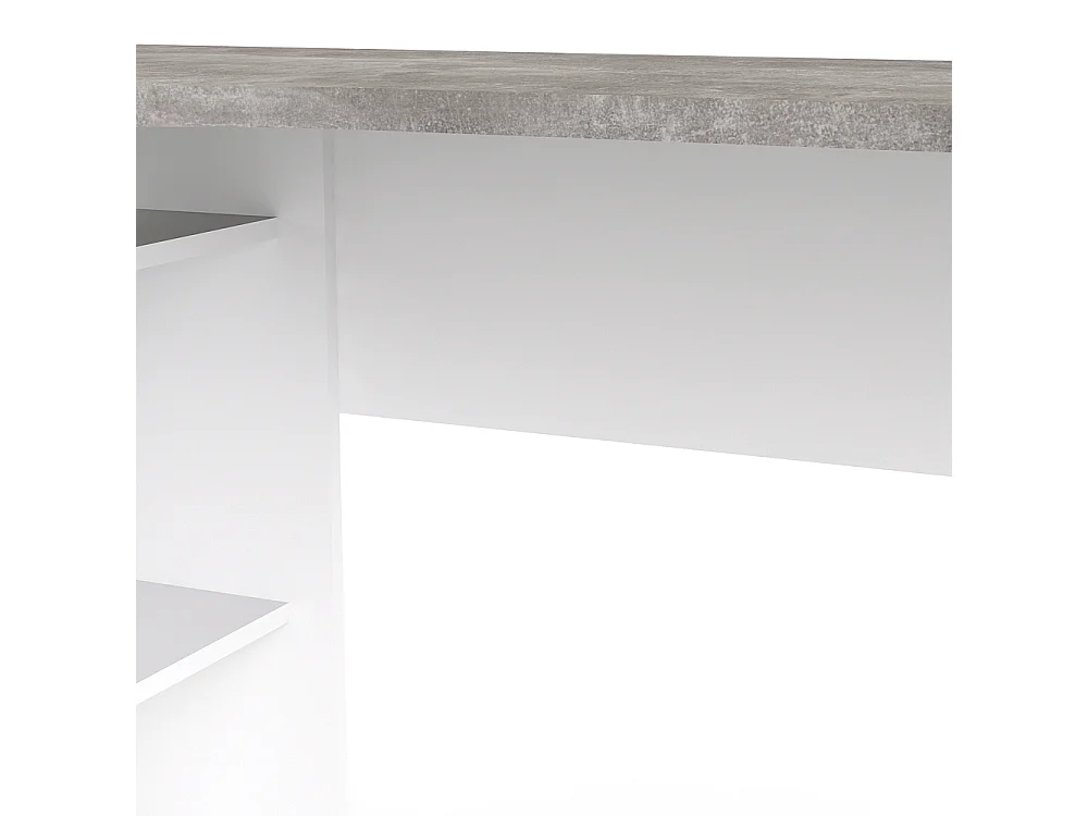 Plus Bureau bureau d'angle avec 3 tablettes de rangement et 2 tiroirs, finition blanc/béton.
