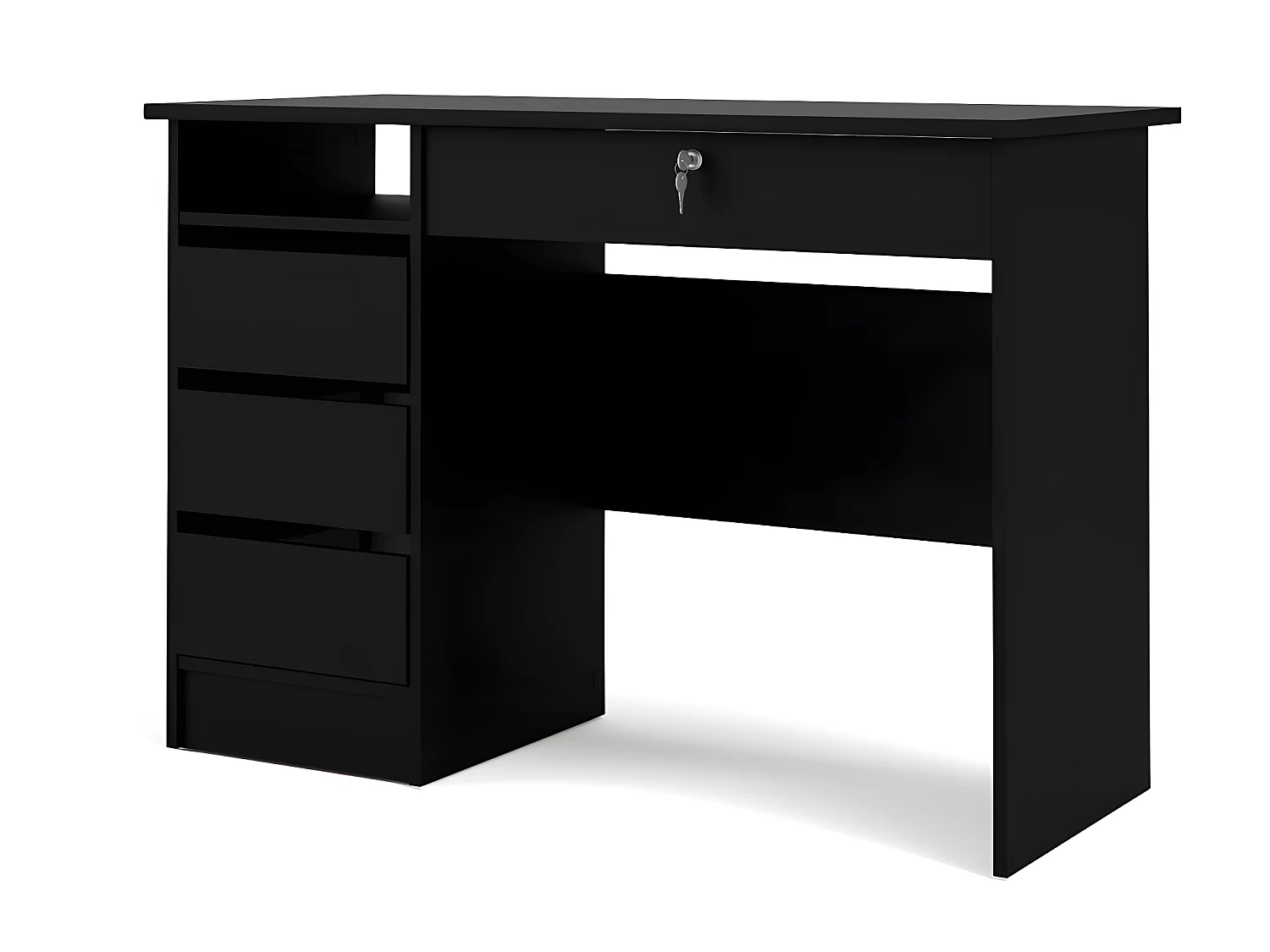 Plus bureau met 1 legplank, 3 kleine laden en 1 grote lade met sleutel, mat zwart.