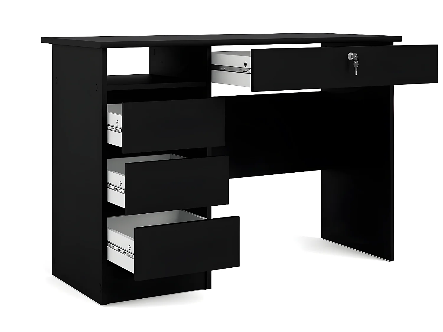 Plus bureau met 1 legplank, 3 kleine laden en 1 grote lade met sleutel, mat zwart.