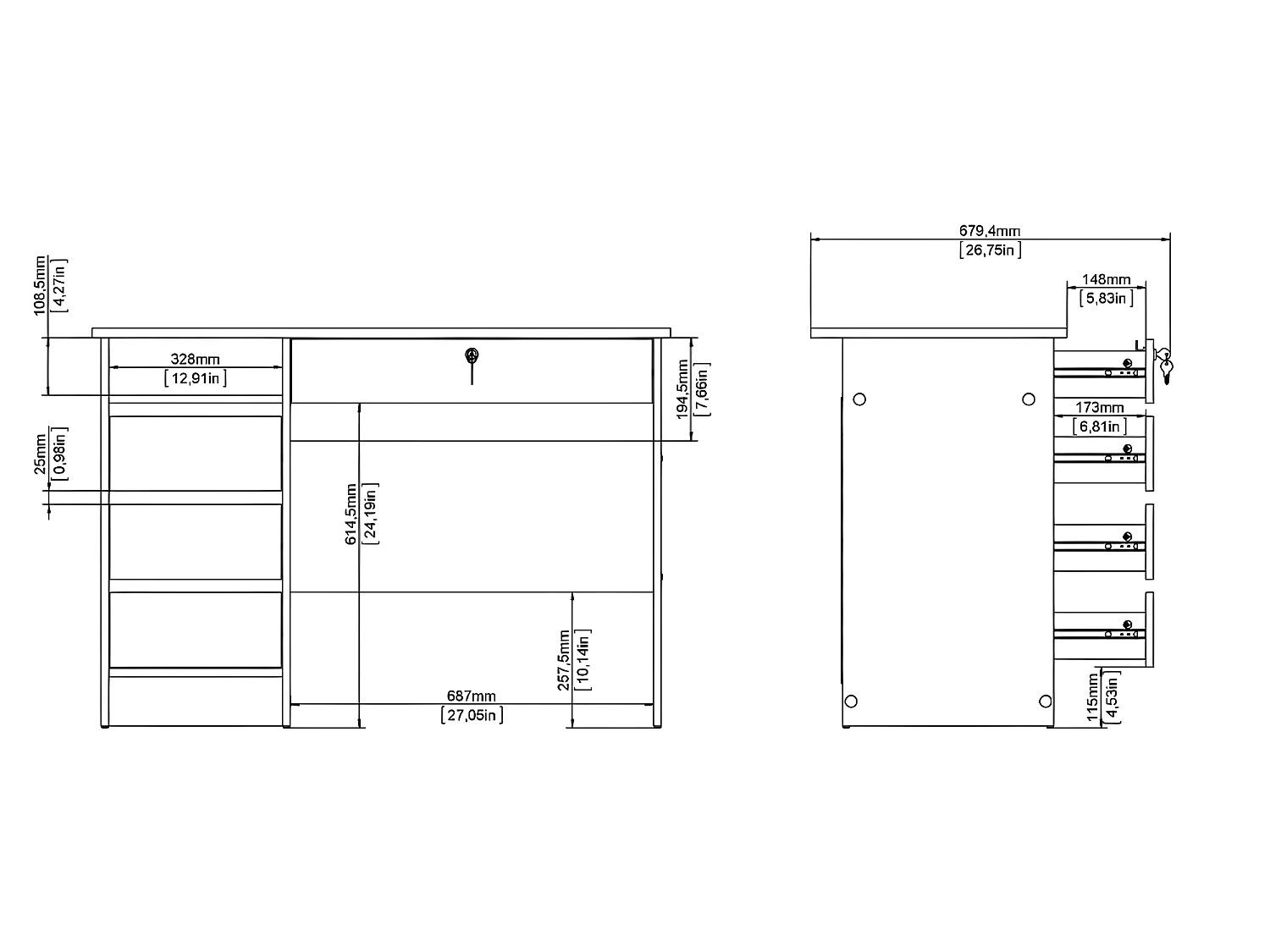 Plus bureau met 1 legplank, 3 kleine laden en 1 grote lade met sleutel, mat zwart.
