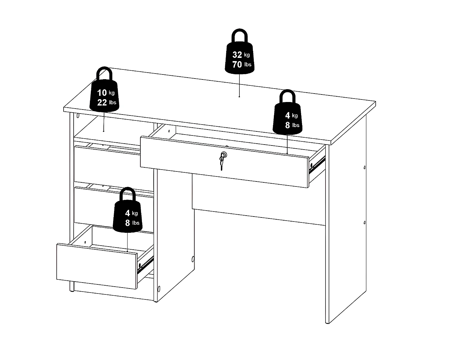 Plus bureau met 1 legplank, 3 kleine laden en 1 grote lade met sleutel, mat zwart.