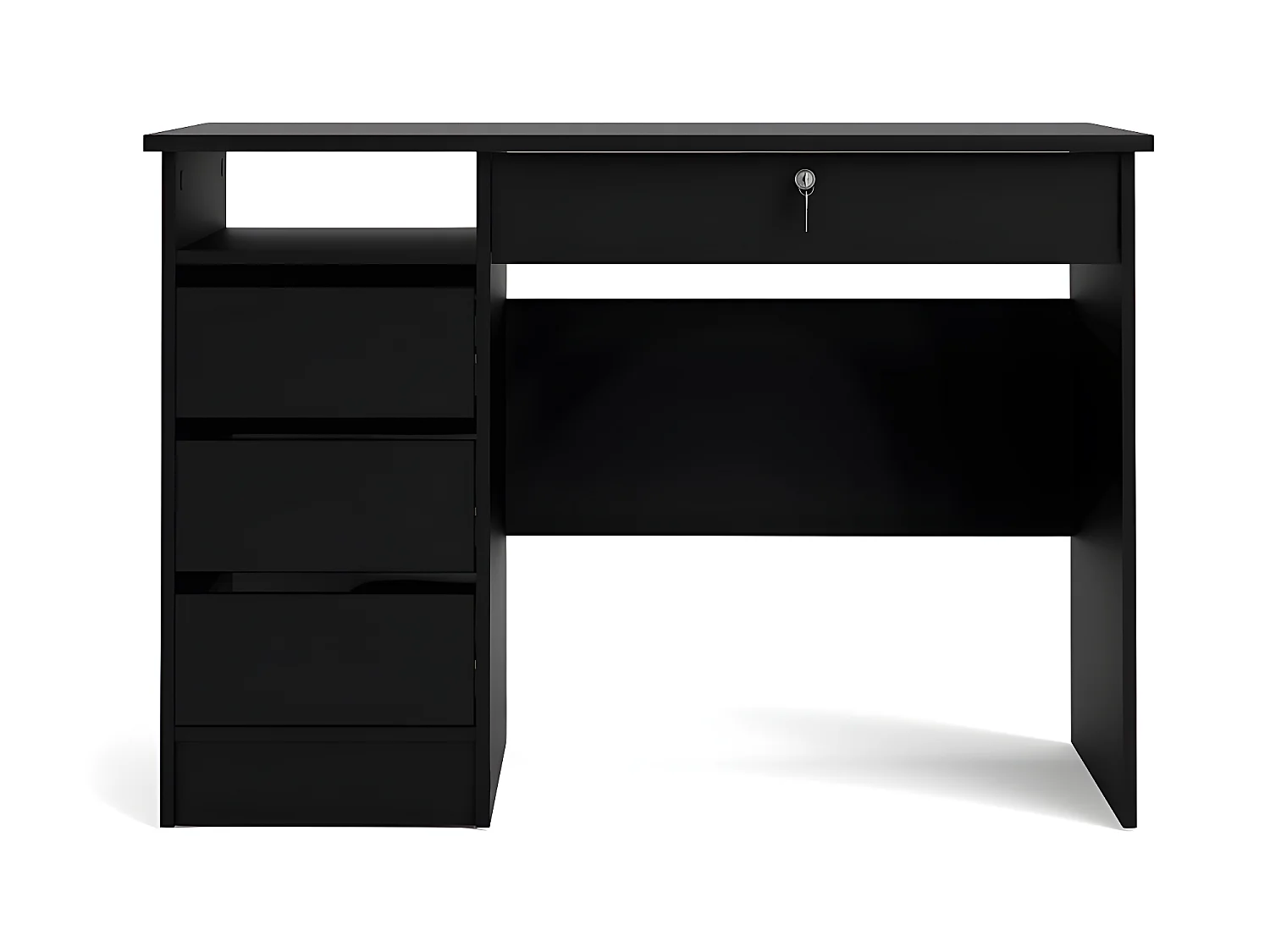Plus bureau met 1 legplank, 3 kleine laden en 1 grote lade met sleutel, mat zwart.