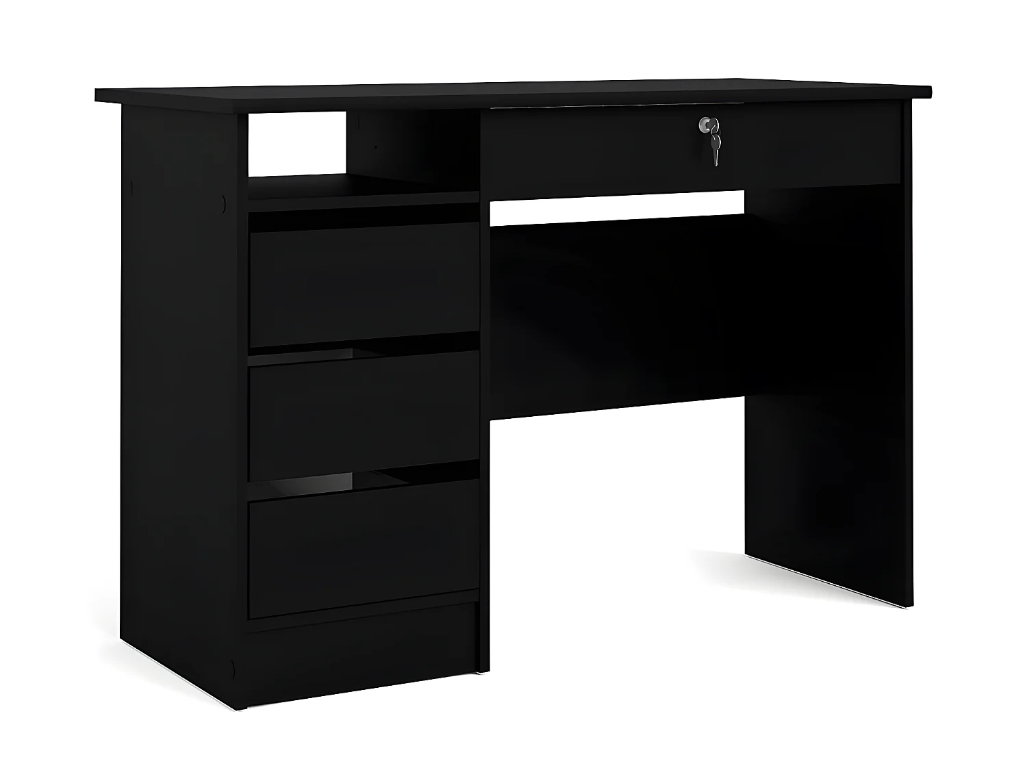 Plus bureau met 1 legplank, 3 kleine laden en 1 grote lade met sleutel, mat zwart.