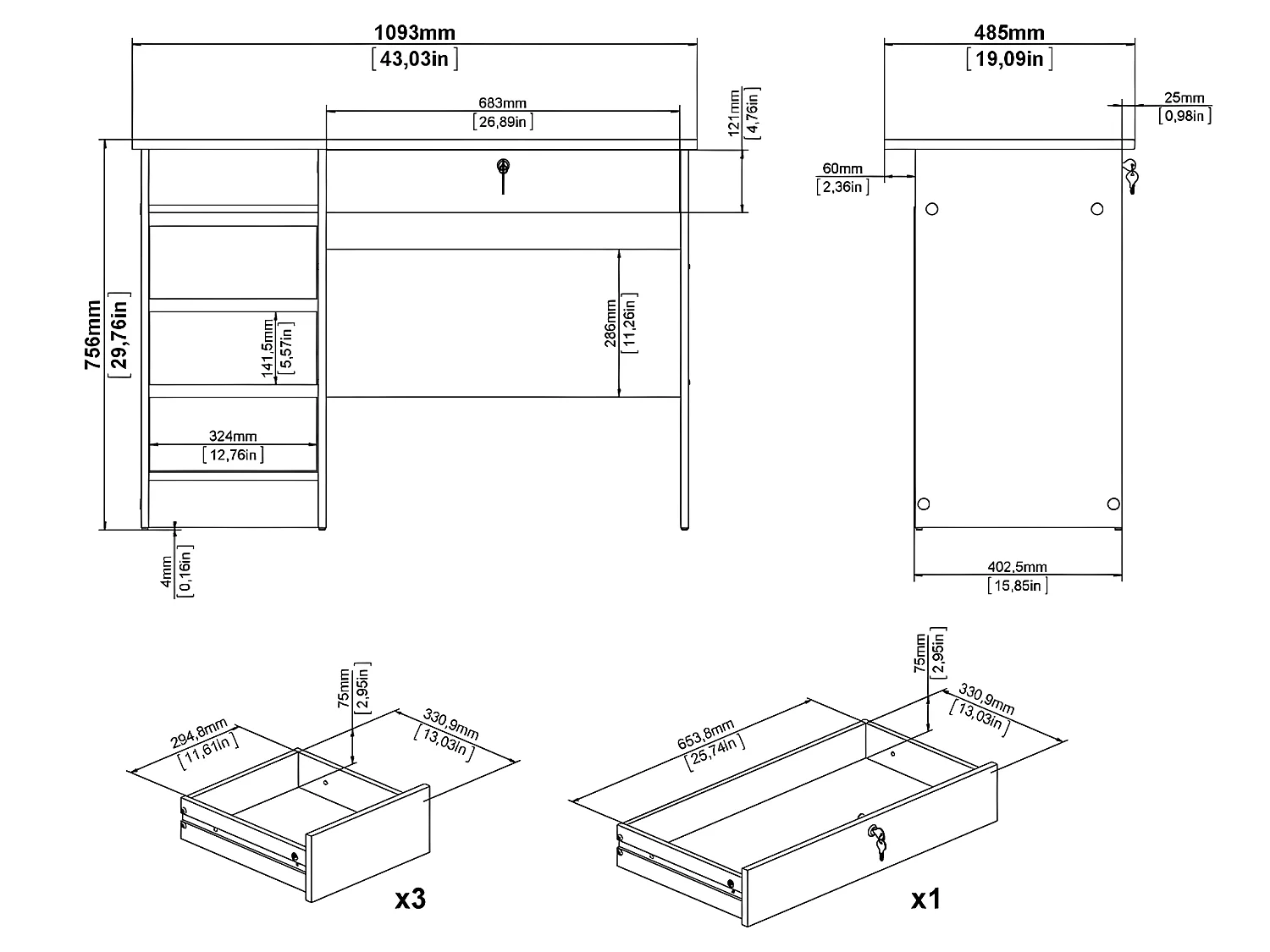 Plus bureau met 1 legplank, 3 kleine laden en 1 grote lade met sleutel, mat zwart.