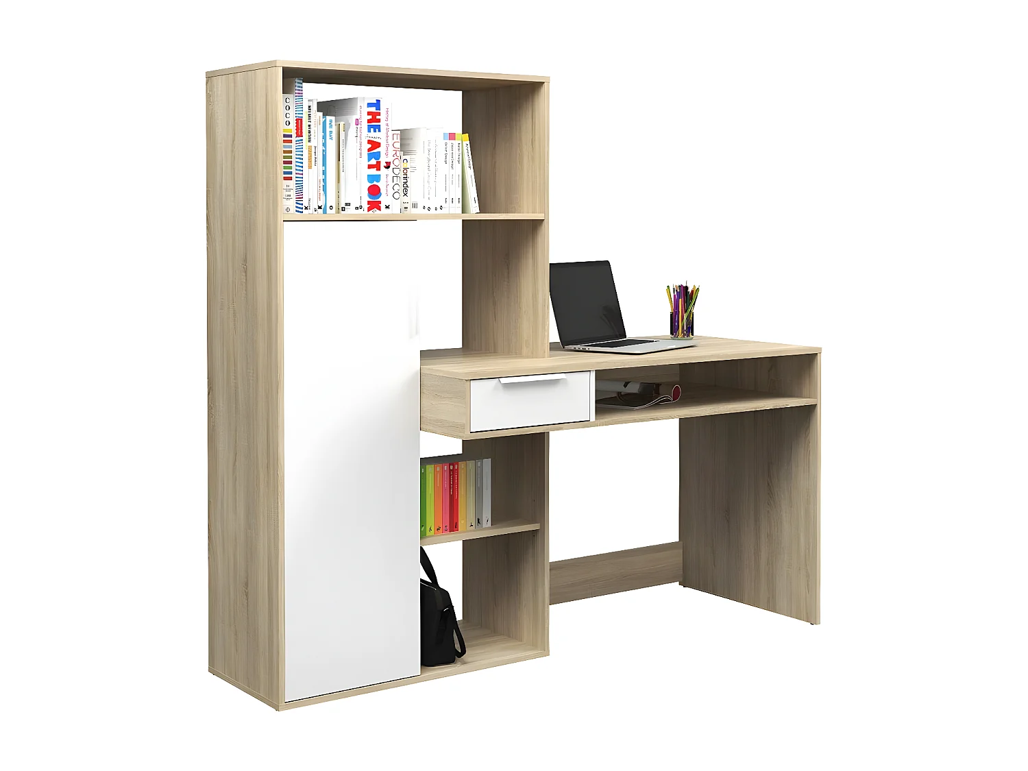 Fula Bureau 1 tiroir et 1 porte, finition chêne structuré et blanc.