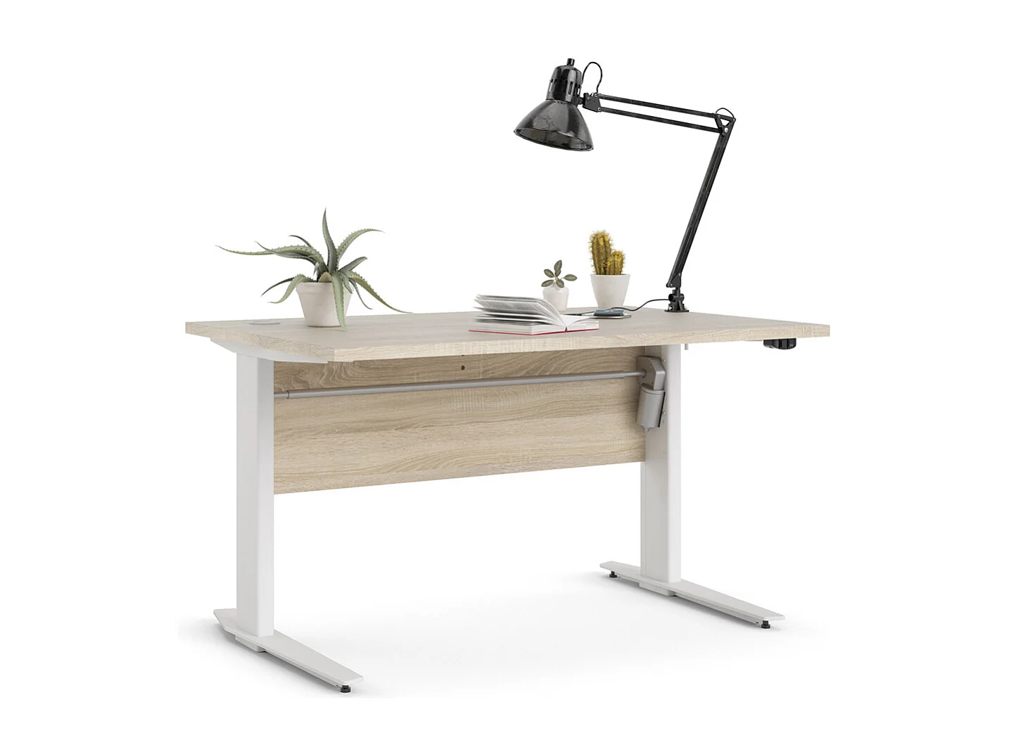 Prisme Bureau à hauteur réglable électrique, finition chêne structuré et blanc.