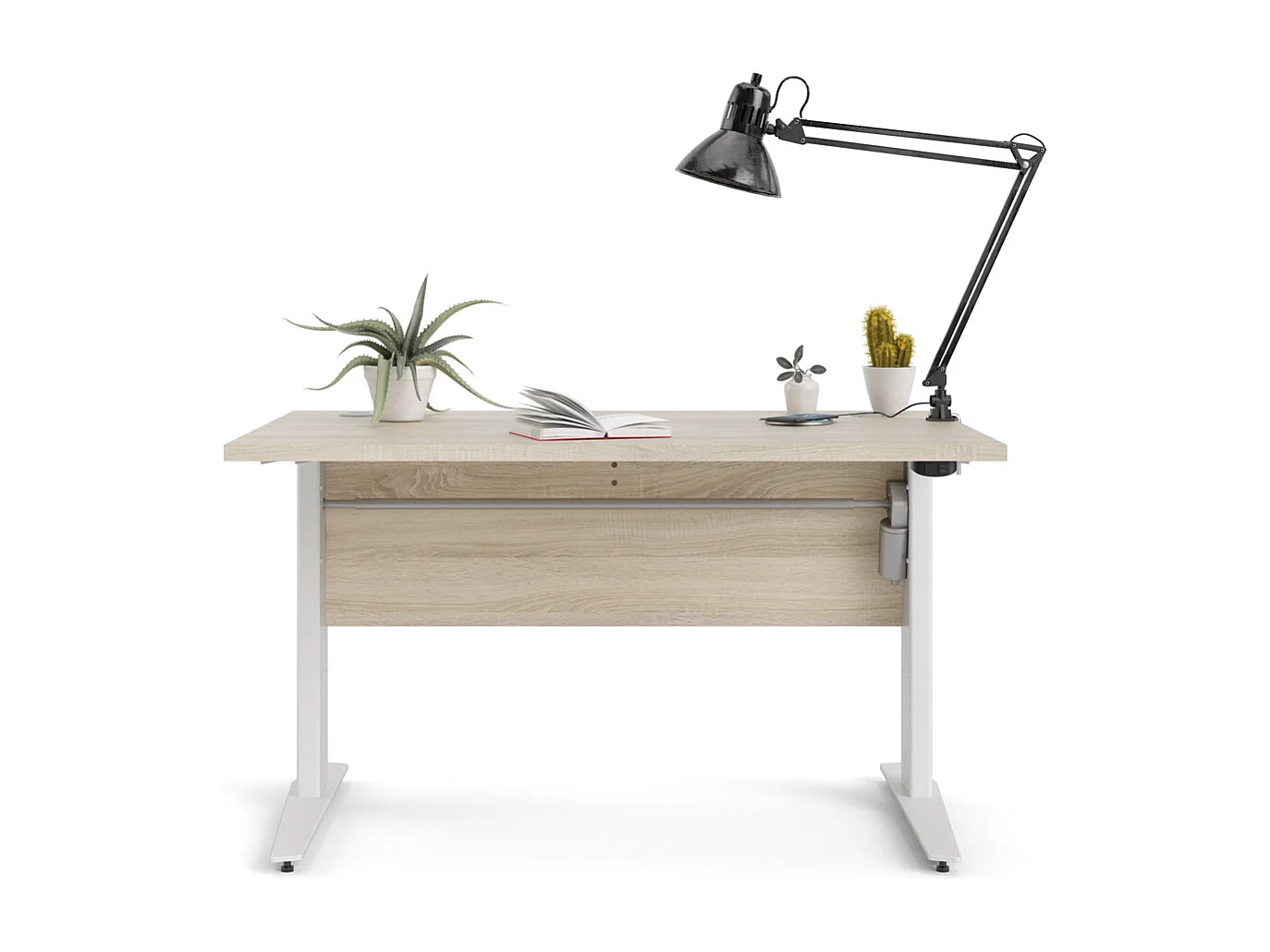Prisme Bureau à hauteur réglable électrique, finition chêne structuré et blanc.