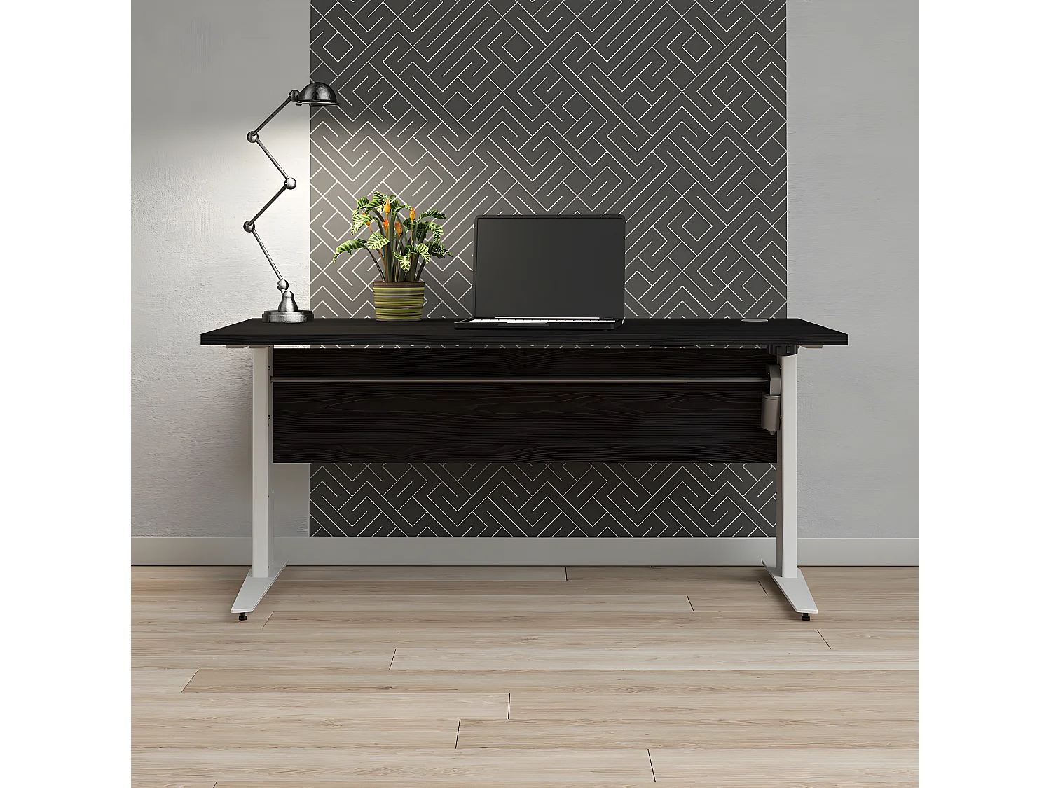 Prisme Bureau met elektrische hef- en daalfunctie, zwart essen decor, wit