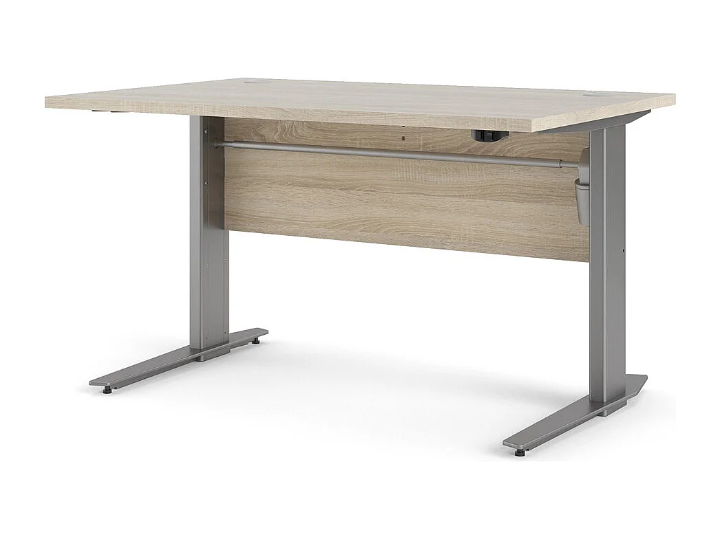 Prisme Bureau à hauteur réglable électrique, finition chêne structuré et gris argenté.
