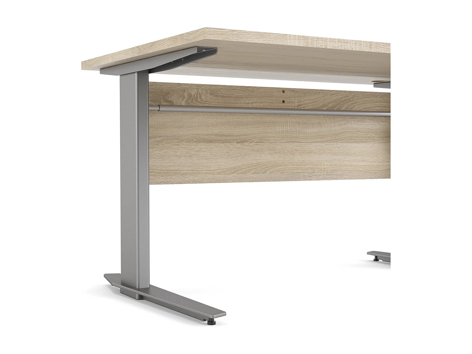 Prisme Bureau à hauteur réglable électrique, finition chêne structuré et gris argenté.