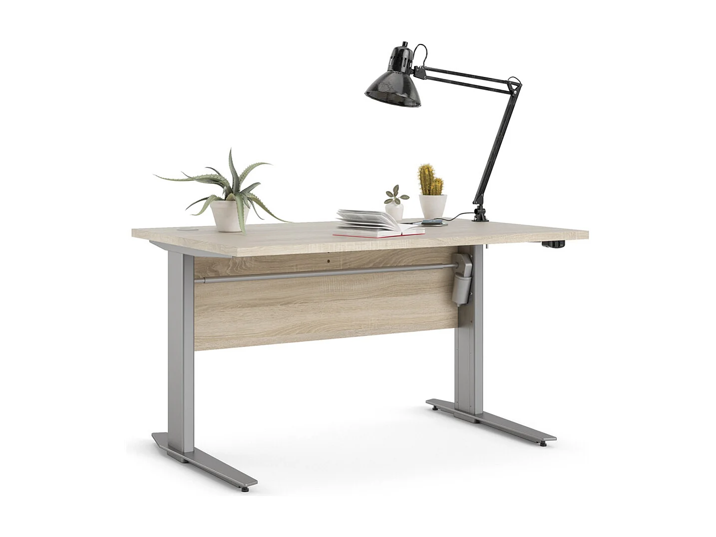 Prisme Bureau à hauteur réglable électrique, finition chêne structuré et gris argenté.