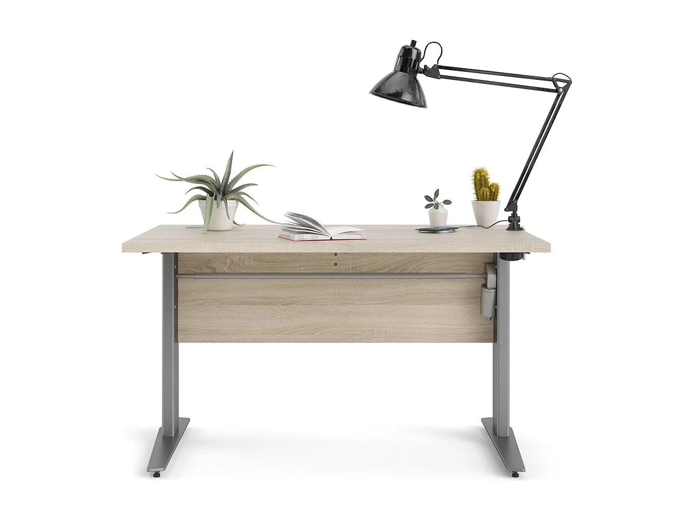 Prisme Bureau à hauteur réglable électrique, finition chêne structuré et gris argenté.