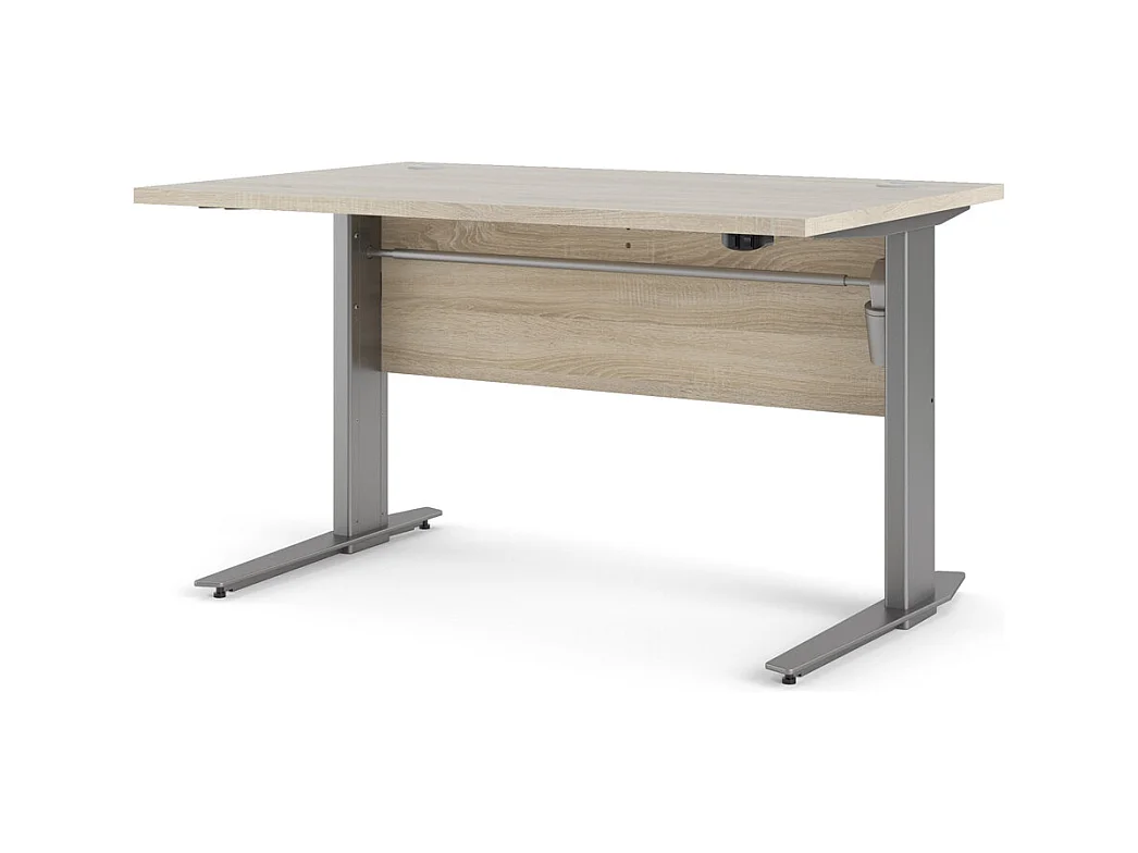 Prisme Bureau à hauteur réglable électrique, finition chêne structuré et gris argenté.