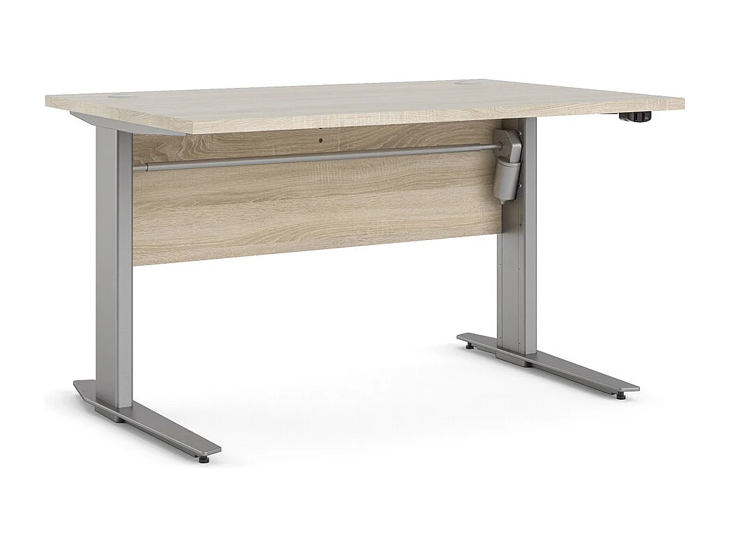 Prisme Bureau à hauteur réglable électrique, finition chêne structuré et gris argenté.