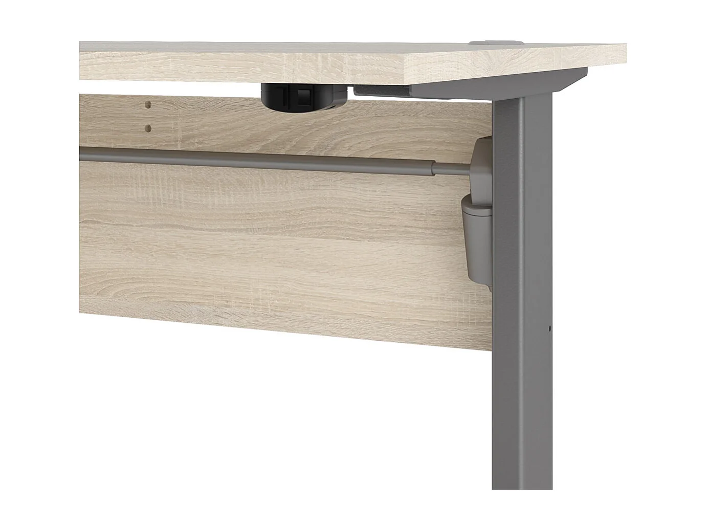 Prisme Bureau à hauteur réglable électrique, finition chêne structuré et gris argenté.