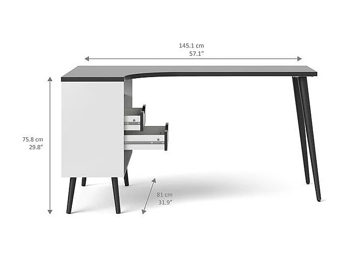 Napoli Eckschreibtisch mit 2 Schubladen und 3 Ablagen in weiß und matt schwarz.