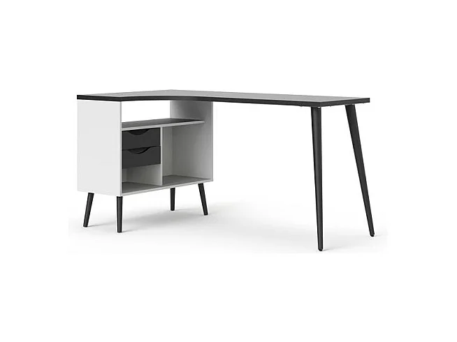 Napoli Bureau d'angle avec 2 tiroirs et 3 espaces de rangement ouverts, noir mat.