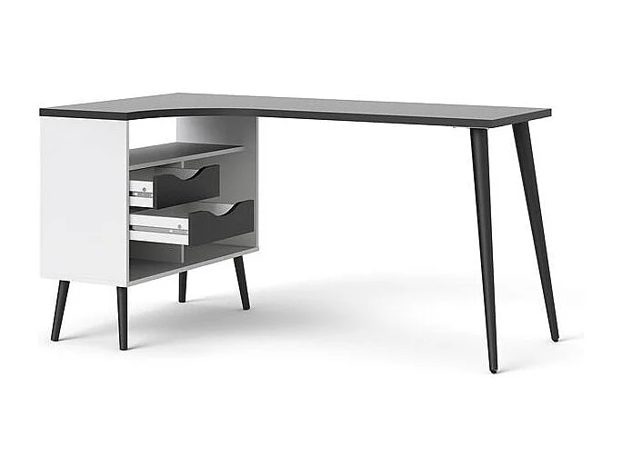 Napoli Eckschreibtisch mit 2 Schubladen und 3 Ablagen in weiß und matt schwarz.
