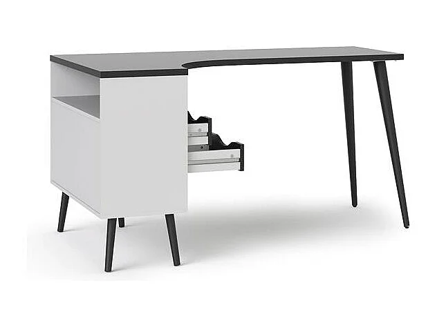 Napoli Eckschreibtisch mit 2 Schubladen und 3 Ablagen in weiß und matt schwarz.