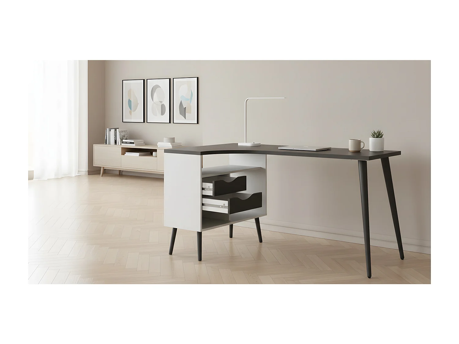 Napoli Eckschreibtisch mit 2 Schubladen und 3 Ablagen in weiß und matt schwarz.
