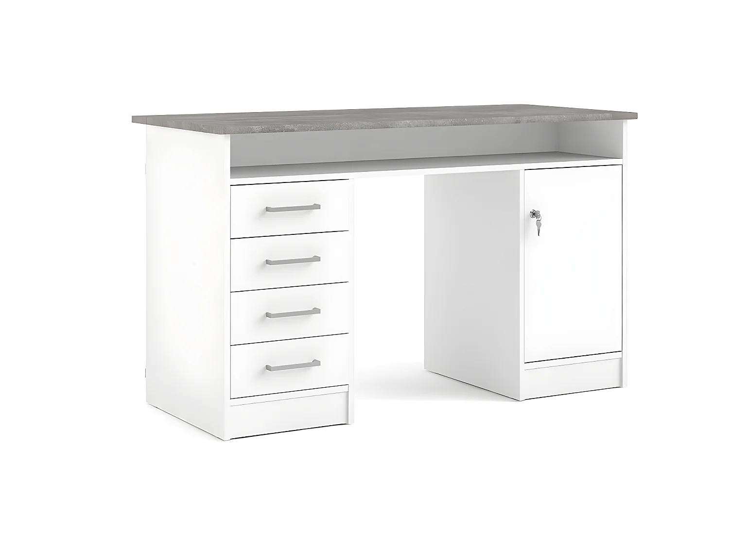Plus Schreibtisch mit 1 Regal, 4 Schubladen und 1 Tür mit Schloss, weiß / Beton Dekor.
