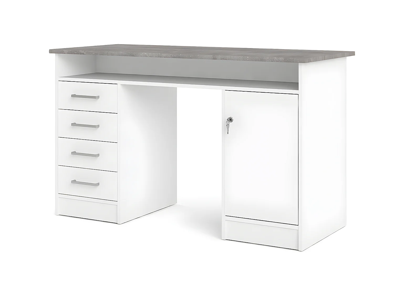 Plus Schreibtisch mit 1 Regal, 4 Schubladen und 1 Tür mit Schloss, weiß / Beton Dekor.