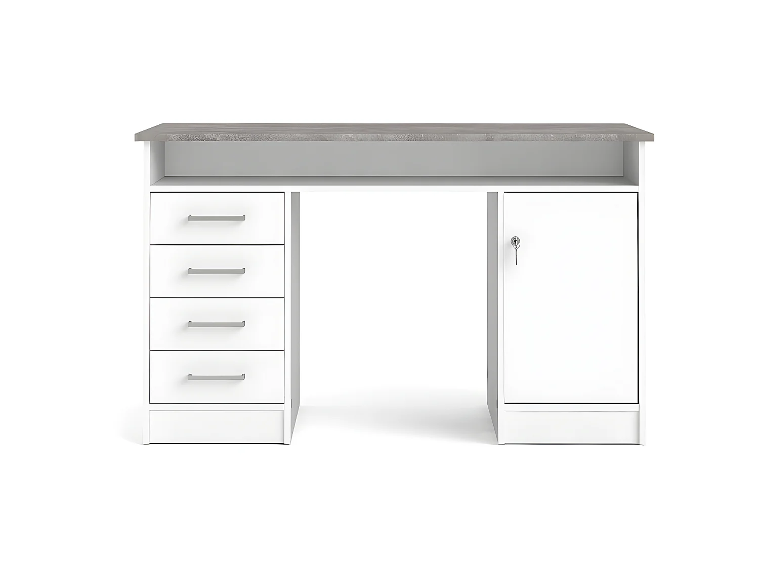 Plus Schreibtisch mit 1 Regal, 4 Schubladen und 1 Tür mit Schloss, weiß / Beton Dekor.