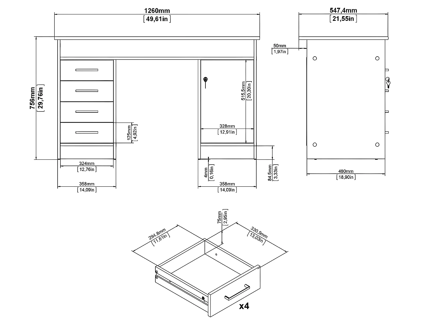 Plus Schreibtisch mit 1 Regal, 4 Schubladen und 1 Tür mit Schloss, weiß / Beton Dekor.