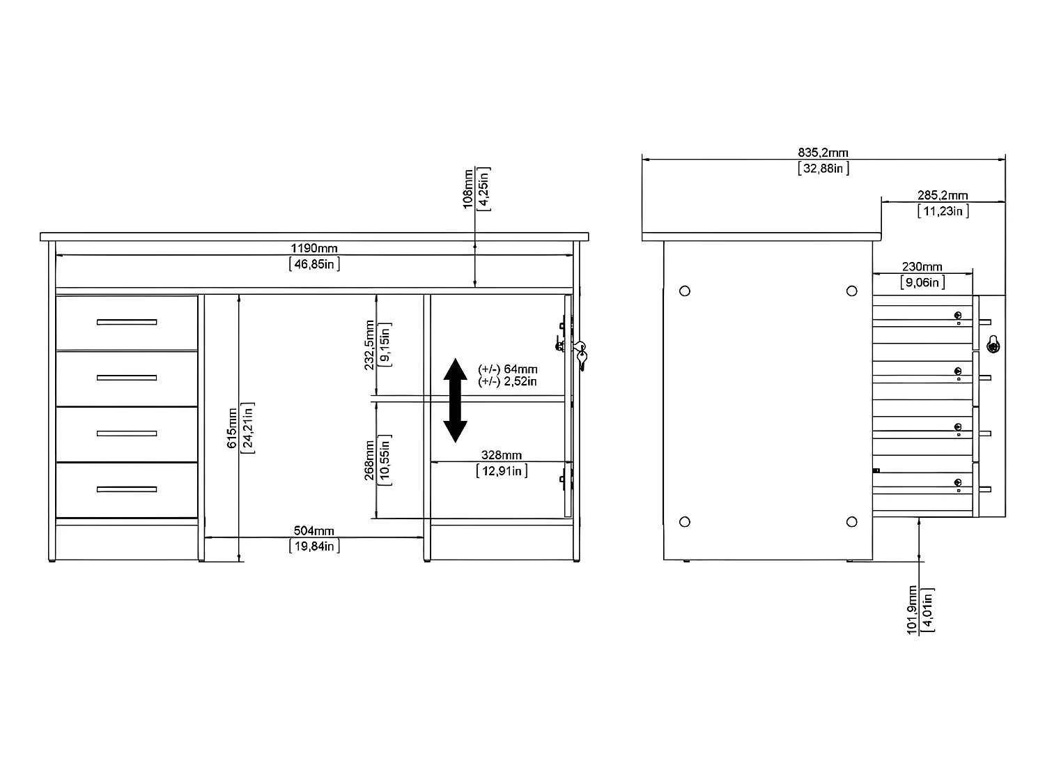 Plus Schreibtisch mit 1 Regal, 4 Schubladen und 1 Tür mit Schloss, weiß / Beton Dekor.