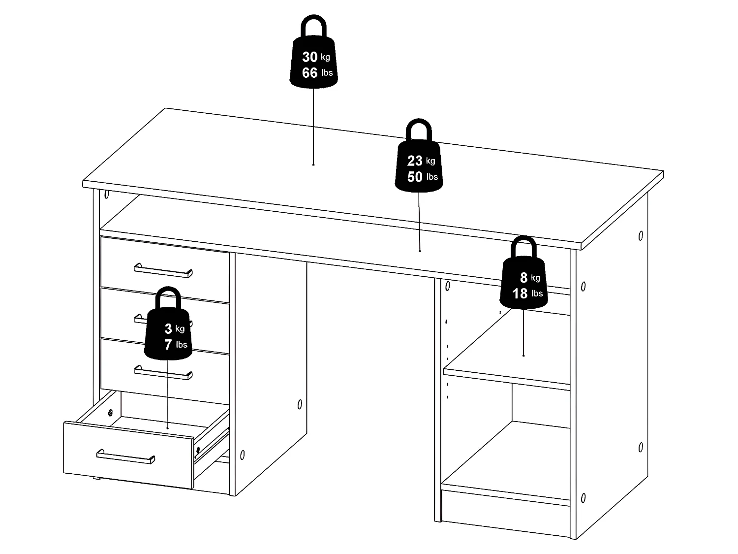 Plus Schreibtisch mit 1 Regal, 4 Schubladen und 1 Tür mit Schloss, weiß / Beton Dekor.